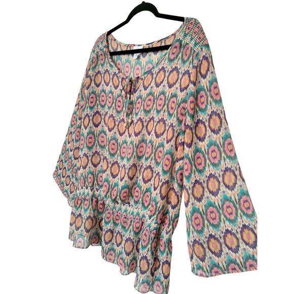 Jaclyn Smith Ikat-Print Peasant Blouse With Tie Neck & Smocked Waist X-Large - Picture 3 of 8